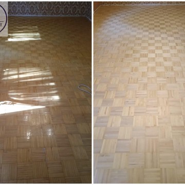 Циклевка, шлифовка щитового паркета из березы.