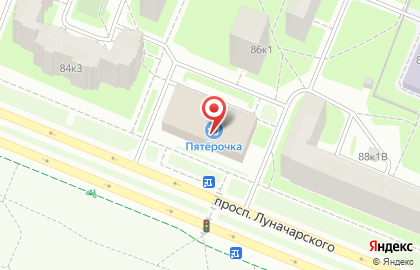 Супермаркет Пятёрочка на проспекте Луначарского, 86 к 4 на карте