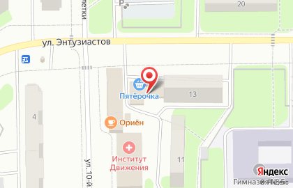 Сеть супермаркетов Пятёрочка на улице Энтузиастов, 13а в Краснокамске на карте