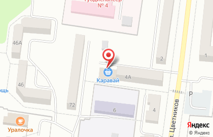 Магазин продуктов Каравай на улице Цветников на карте
