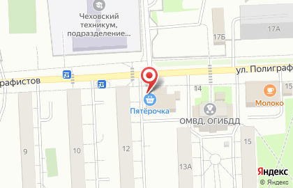 Супермаркет Пятёрочка на улице Полиграфистов в Чехове на карте